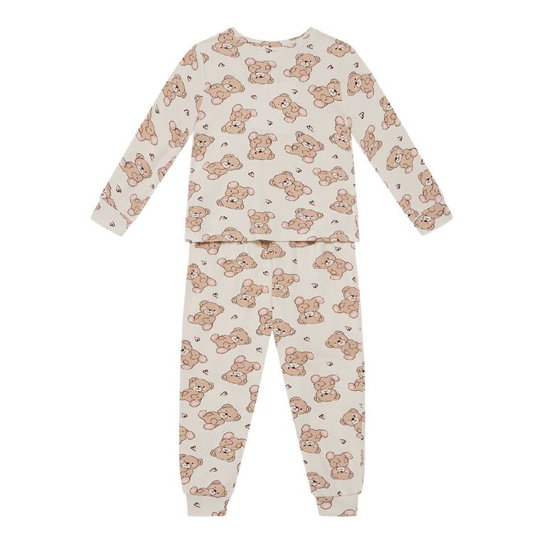 H&H Girls' Waffle Long Sleeve Pyjama 2 Pack, White, hi-res