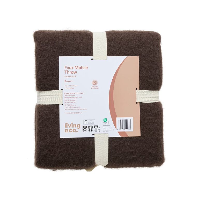 Living & Co Throw Faux Mohair Brown Mid 127cm x 152cm, , hi-res