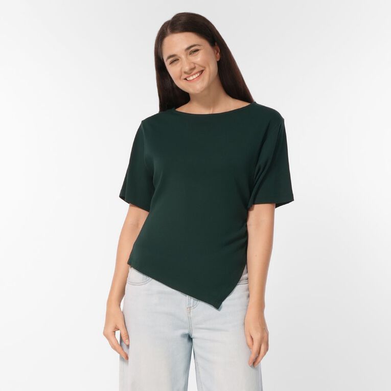 H&H Women's Short Sleeve Asymmetric Hem Tee, Green Dark, hi-res