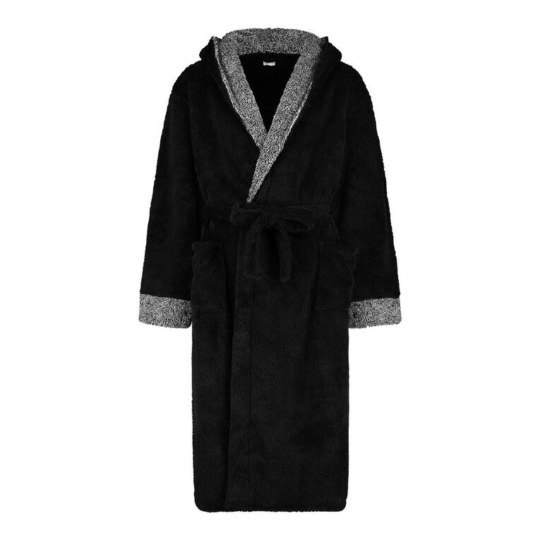 H&H Men's Shaggy Hooded Robe, Black, hi-res
