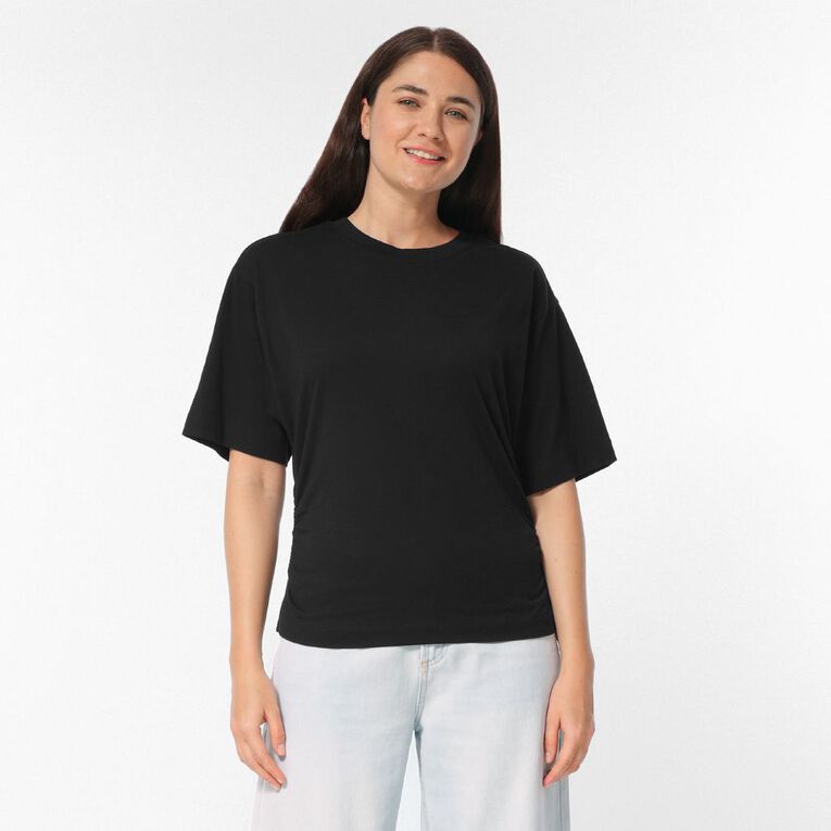 H&H Women's Short Sleeve Gathered Waist Tee, Black, hi-res