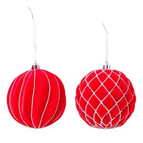 Wonderland Flocked Christmas Bauble 8cm Red 4 Pack