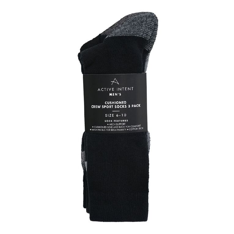 Active Intent Men's Cushioned Crew Sport Socks 3 Pack, Black, hi-res