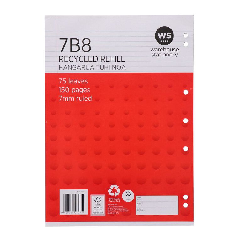 WS Pad Refill 7B8 A4 7mm Ruled 75 Leaf Punched Red, , hi-res