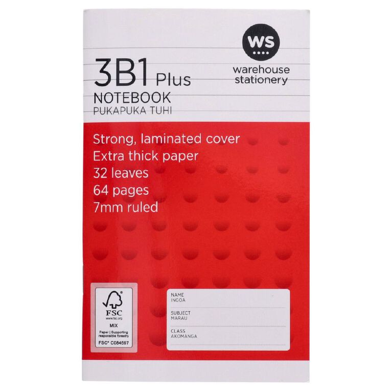WS Notebook 3B1 Plus 7mm Ruled 32 Leaf Red