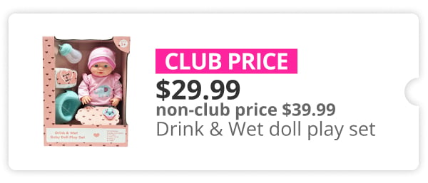 $29.99 Drink & Wet doll playset