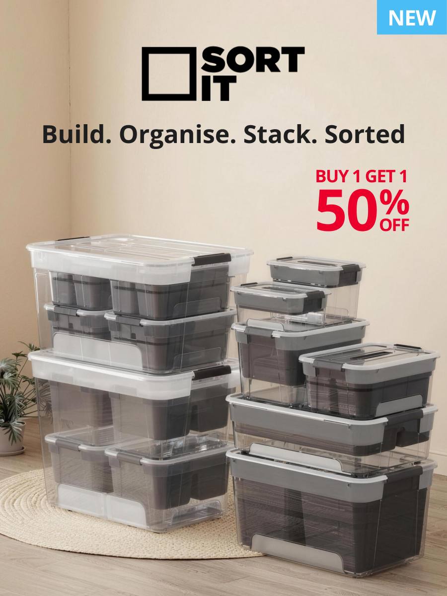 Sort it (logo) Build. Organise. Stack. Sorted Buy 1 get 1 50% off