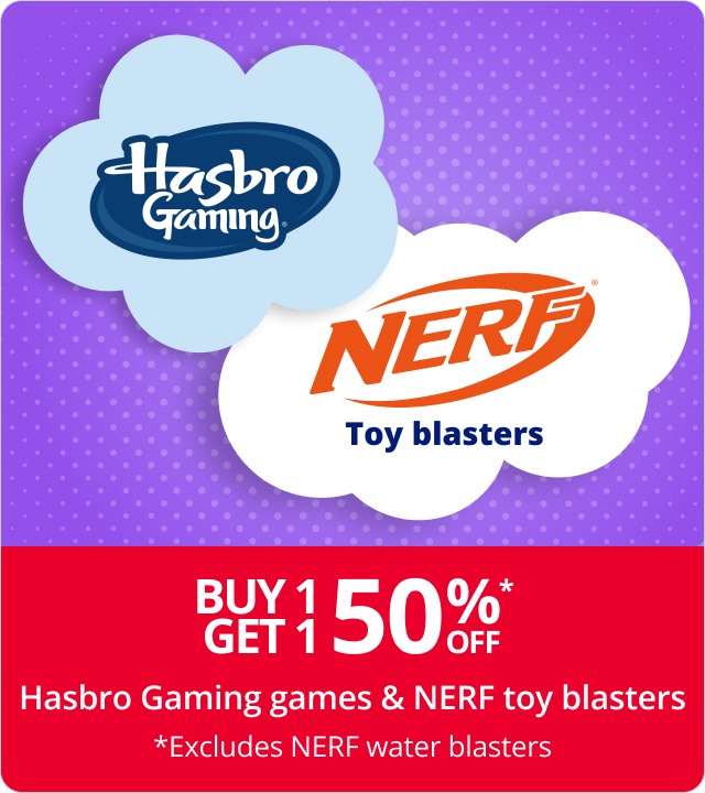 Buy 1 get 1 HALF PRICE Hasbro Gaming games & NERF toy blasters