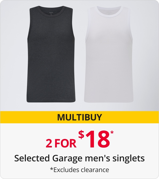 Selected Garage men’s singlets 2 for $18