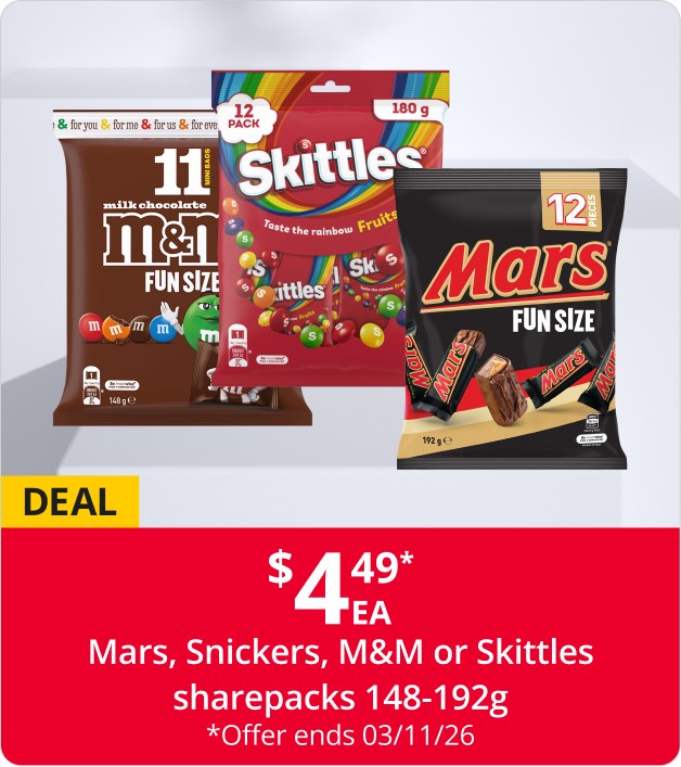 $4.49 EA* Mars, Snickers, M&M or Skittles sharepacks 148-192g