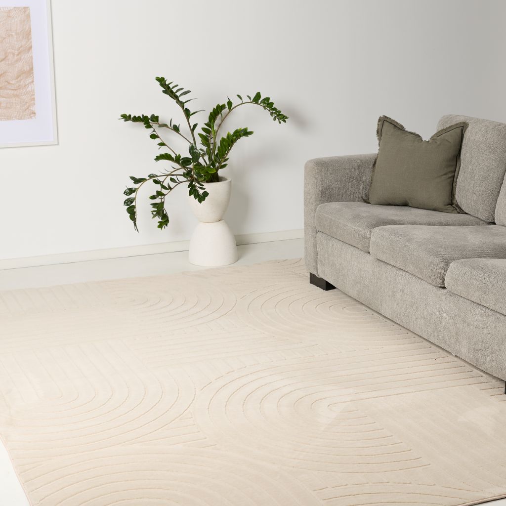 Lounge rugs under $300 in NZ — Living & Co Faux Fur Carved Arch Rug Ivory 200cm x 290cm