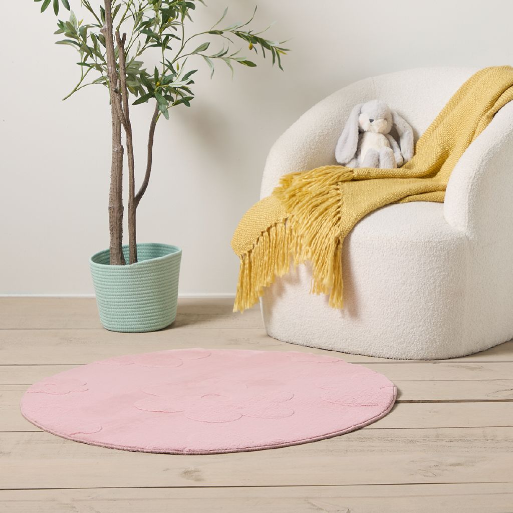 Living & Co Kids Rug Faux Bunny Fur 90cm Flowers Pink
