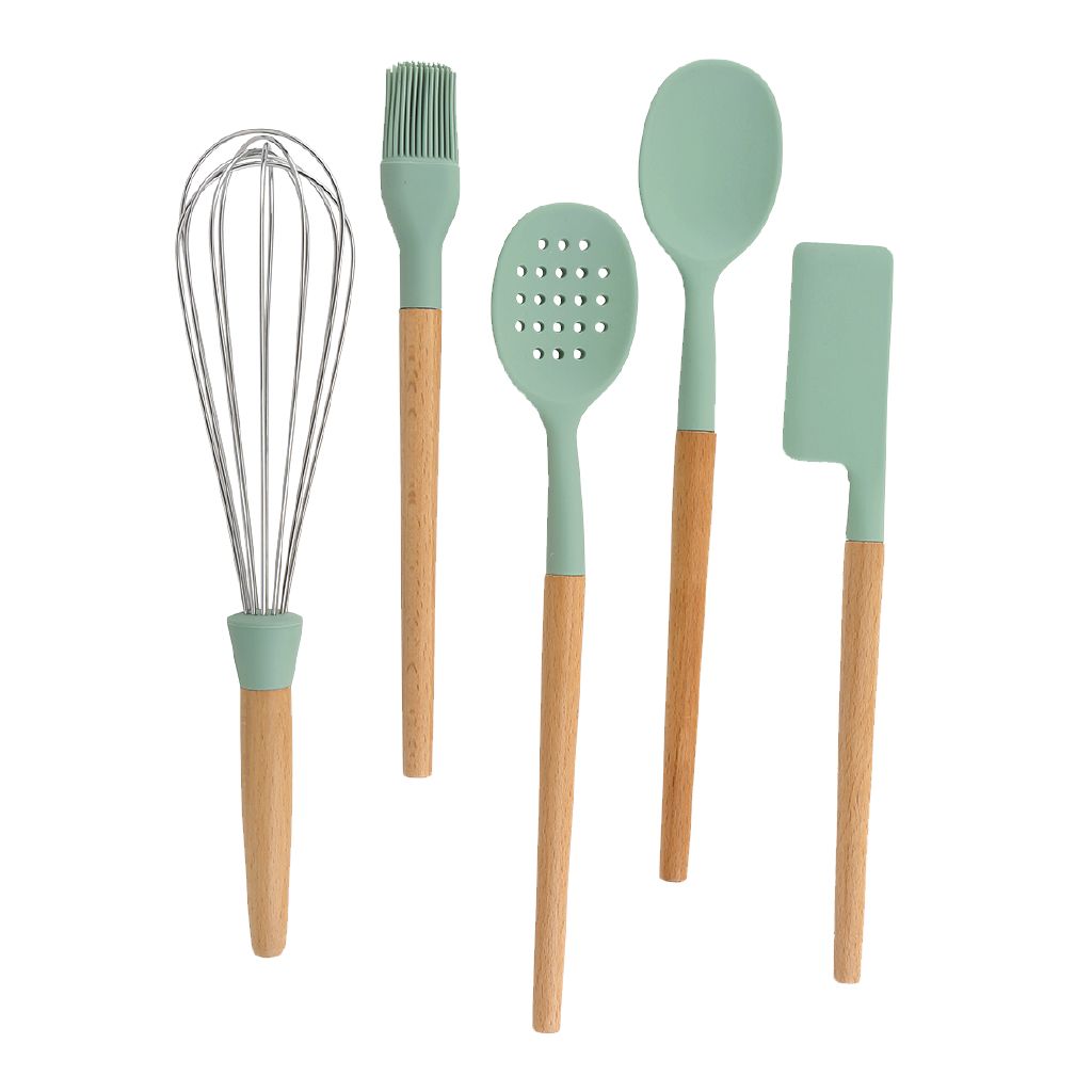 Living & Co Silicone Wood Utensil Set 5 Piece Sage The Warehouse