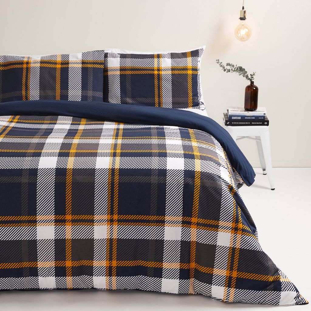 Living & Co Cotton Flannelette Duvet Cover Set Check Navy/White Queen