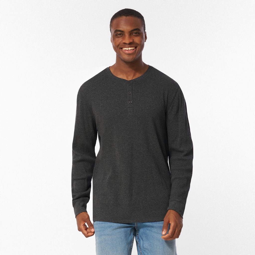 H&H Men's Waffle Henley Tee Charcoal/Marle | The Warehouse