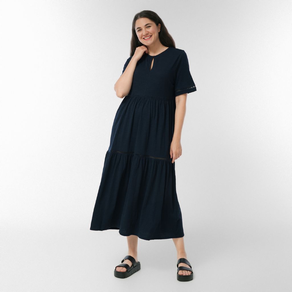H&H Women's Crew Neck Slub Tiered Midi Dress with Lace Trim