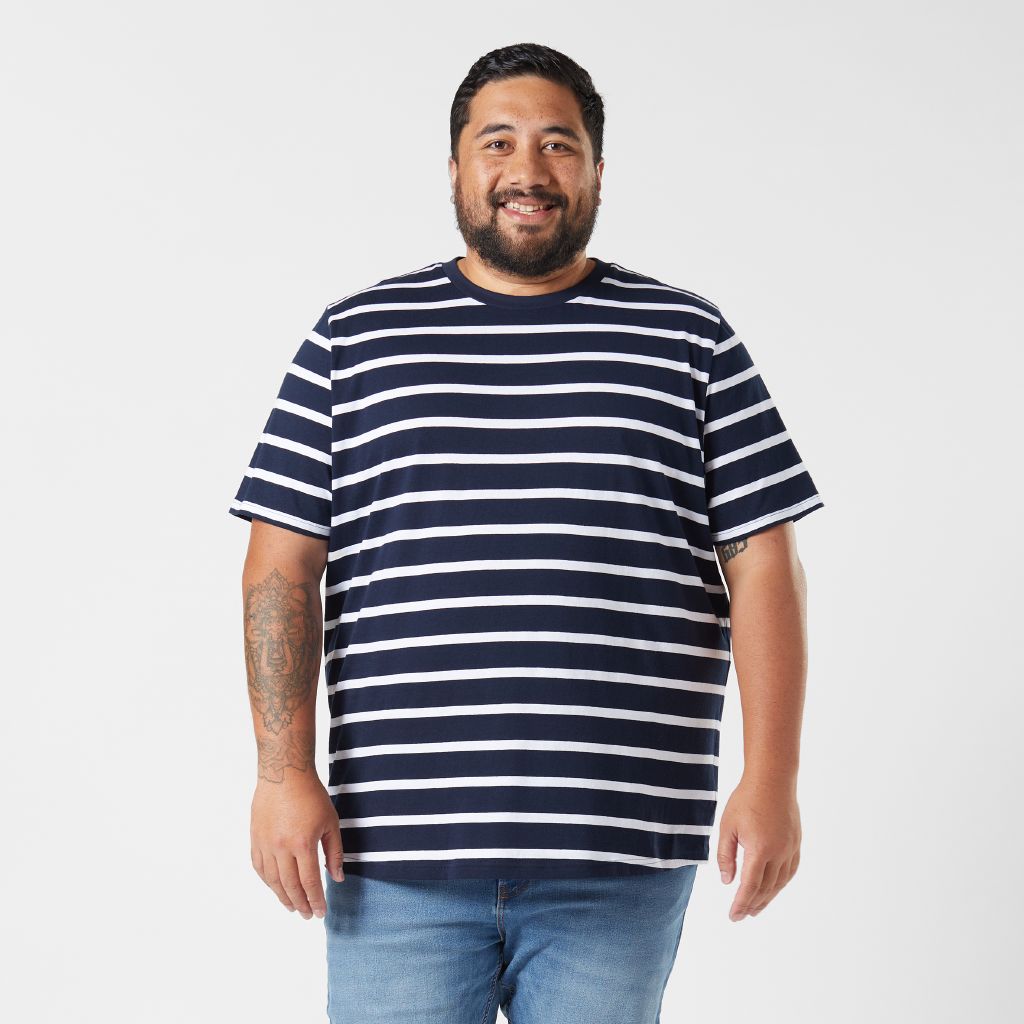 H&H Men's Crew Neck Short Sleeve Stripe Tee Navy/White The Warehouse