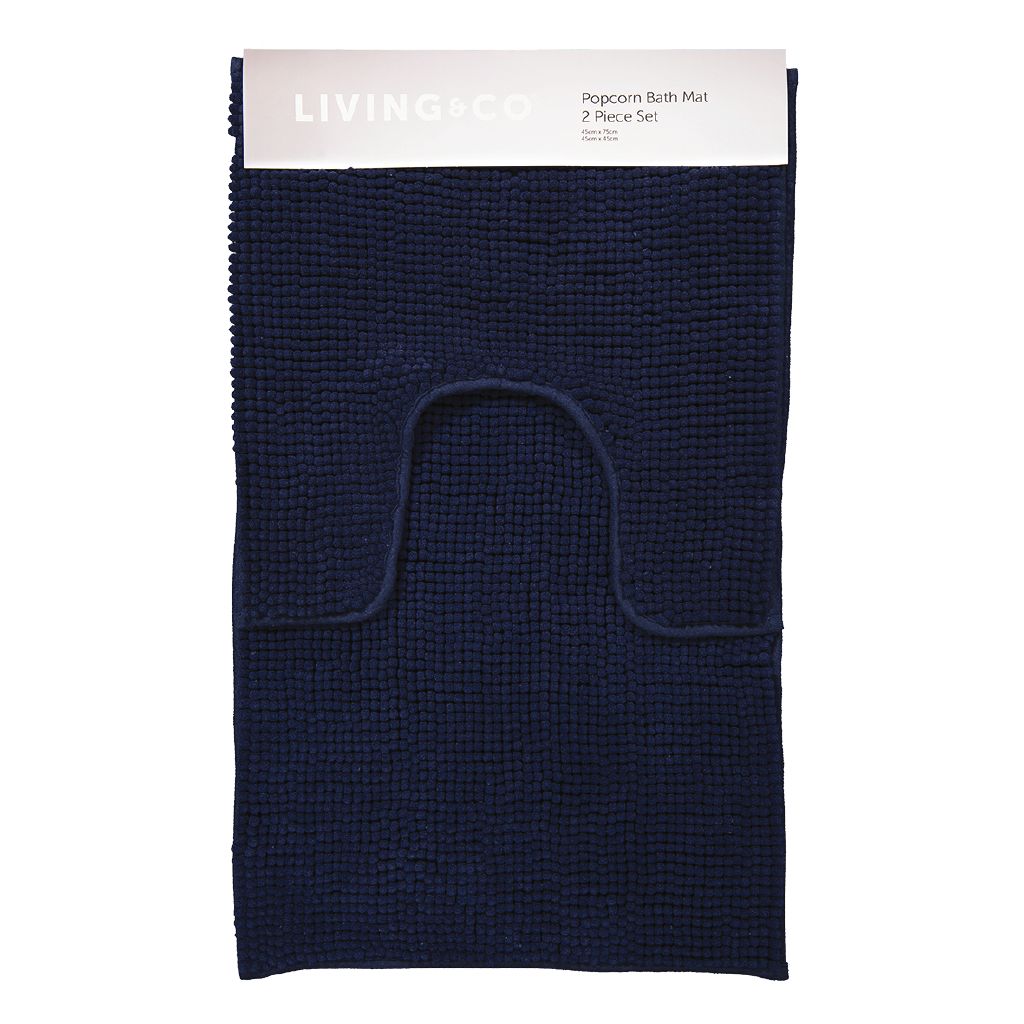 Living & Co Bath Mat Set Popcorn 2 Piece 45cm x 75cm Navy The Warehouse