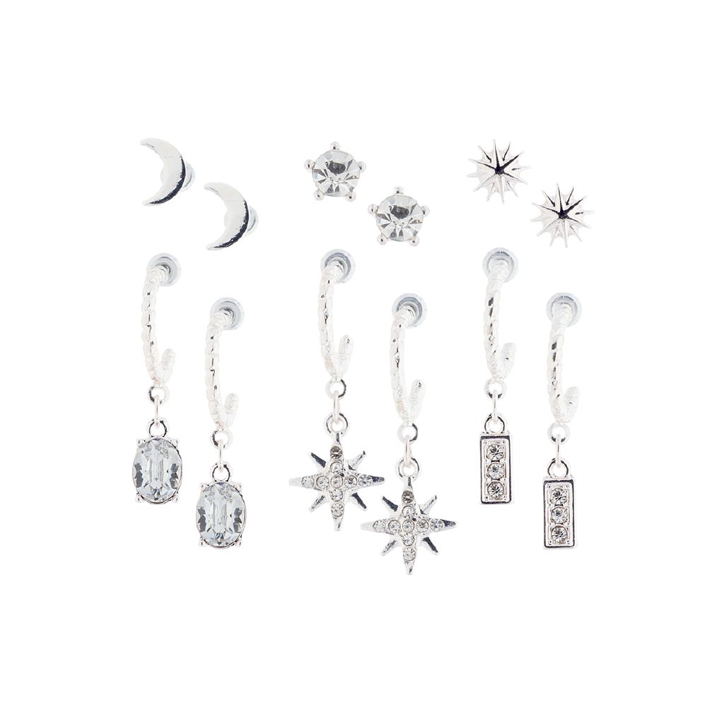 H&H Moon Diamante Star Silver Earrings 6 Pairs Silver | The