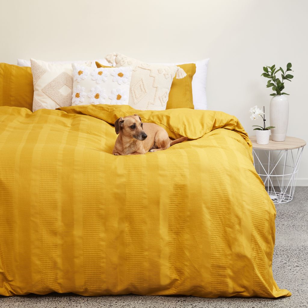 Living & Co Cotton Waffle Duvet Cover Set Golden Yellow Mid Yellow Mid