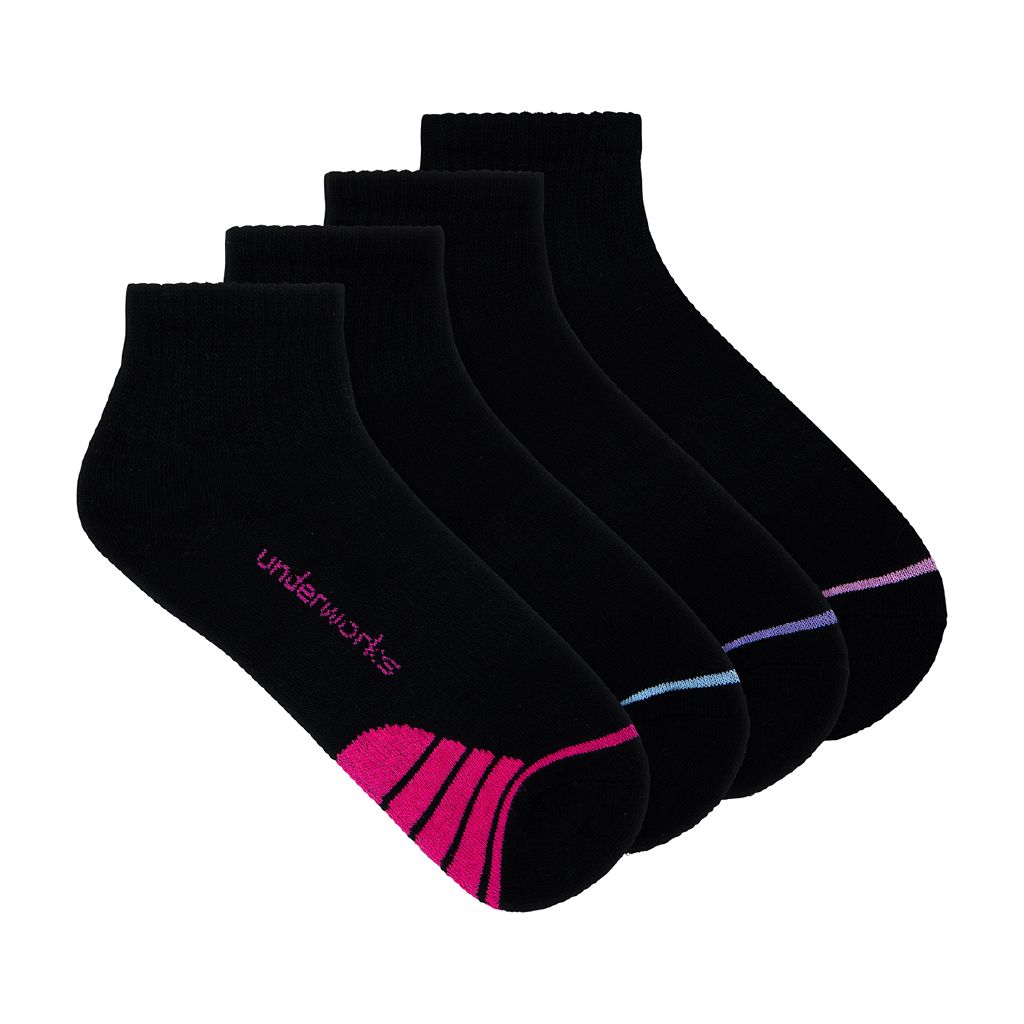 Underworks Women's Low Quarter Crew Sport Socks 4 Pack Black OLD The