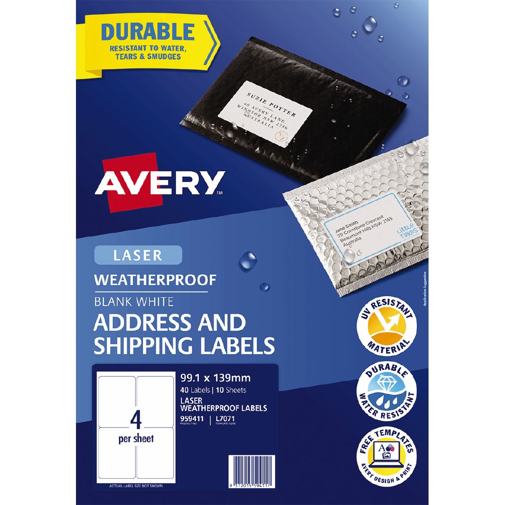 Avery Laser Weatherproof Shipping Labels 40 Labels White 99.1mm x 139mm White The Warehouse