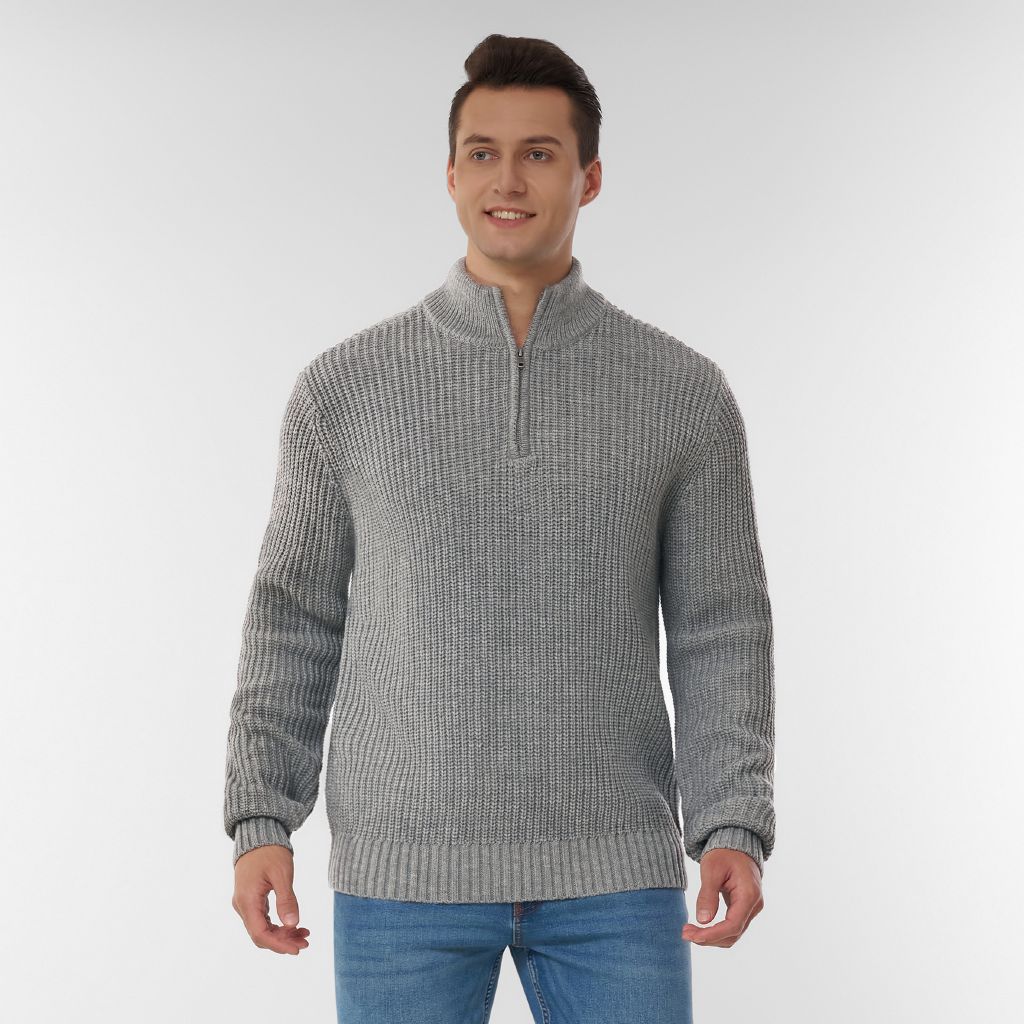 H&H Men's QTR Zip Fisherman Rib Pullover Grey Mid | The Warehouse