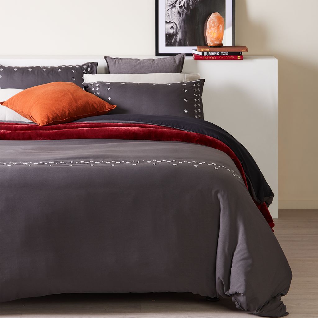Living & Co Embroidered Duvet Cover Set Charcoal Charcoal The Warehouse