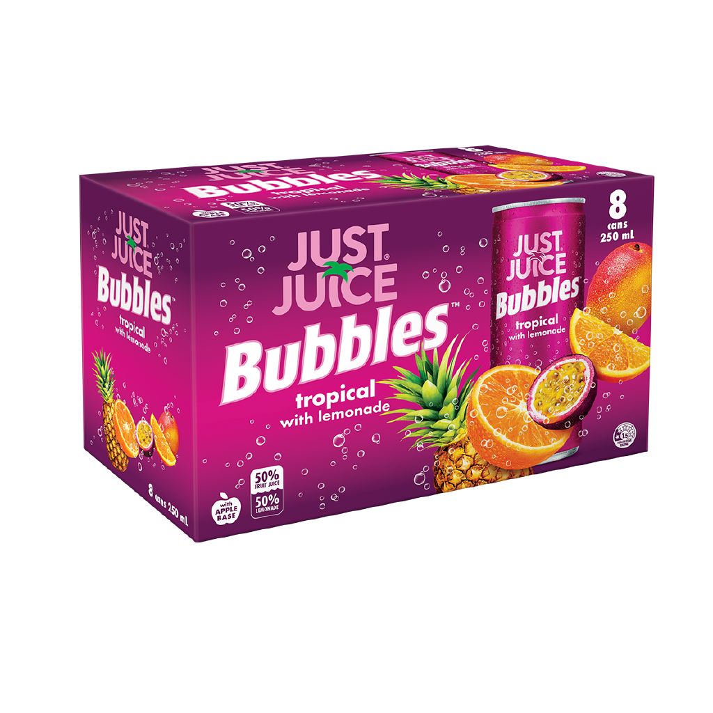 Just Juice Bubbles Tropical 250ml x 8 The Warehouse