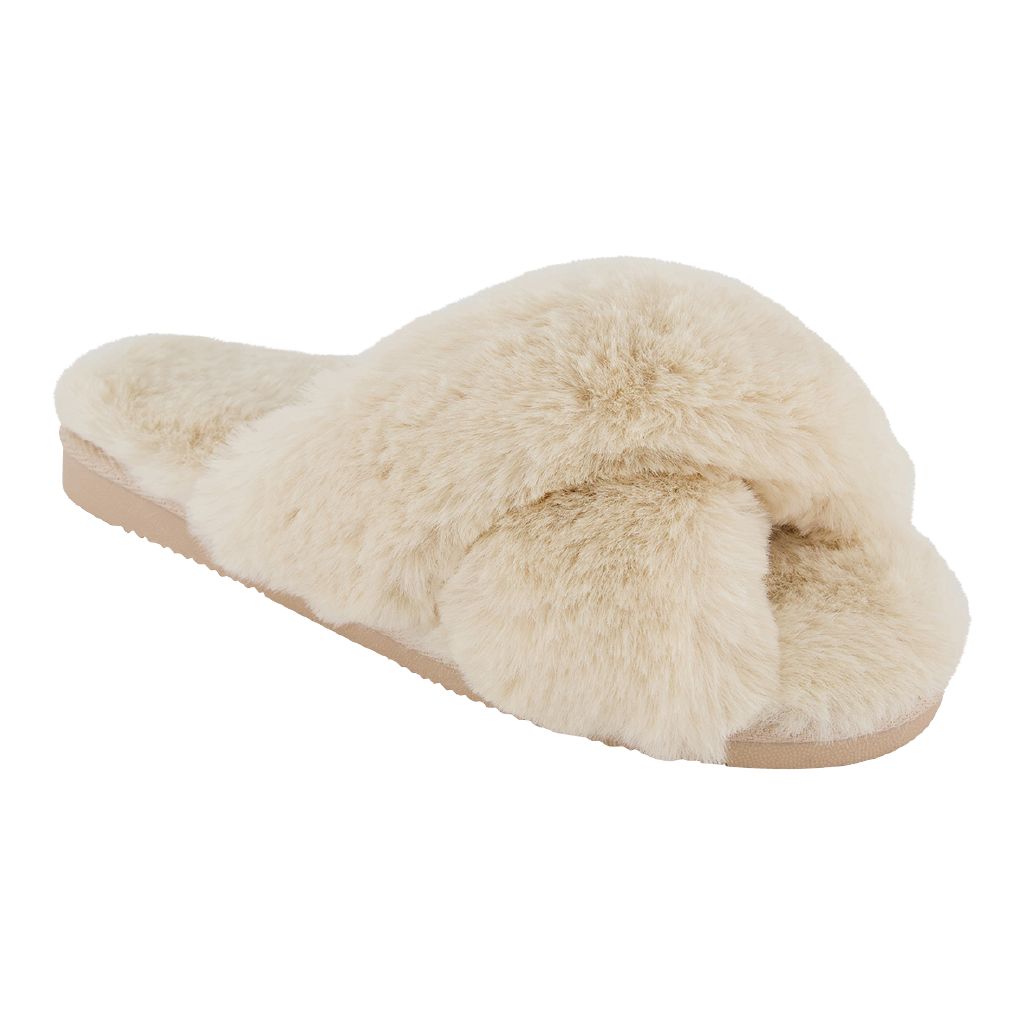 H&H Women's Fluffy Crossover Slide Slippers Cream The Warehouse