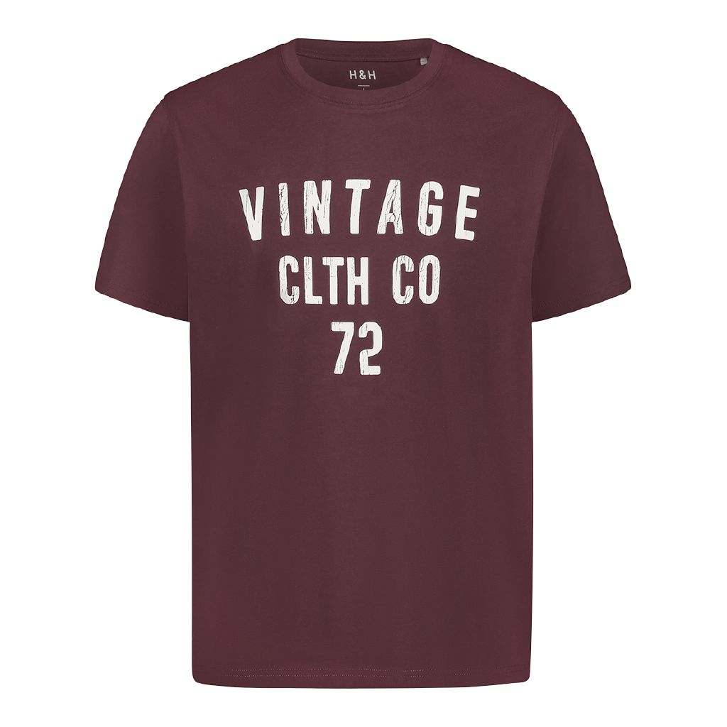 H&H Men's Crew Neck Short Sleeve Printed Cotton Tee Burgundy The