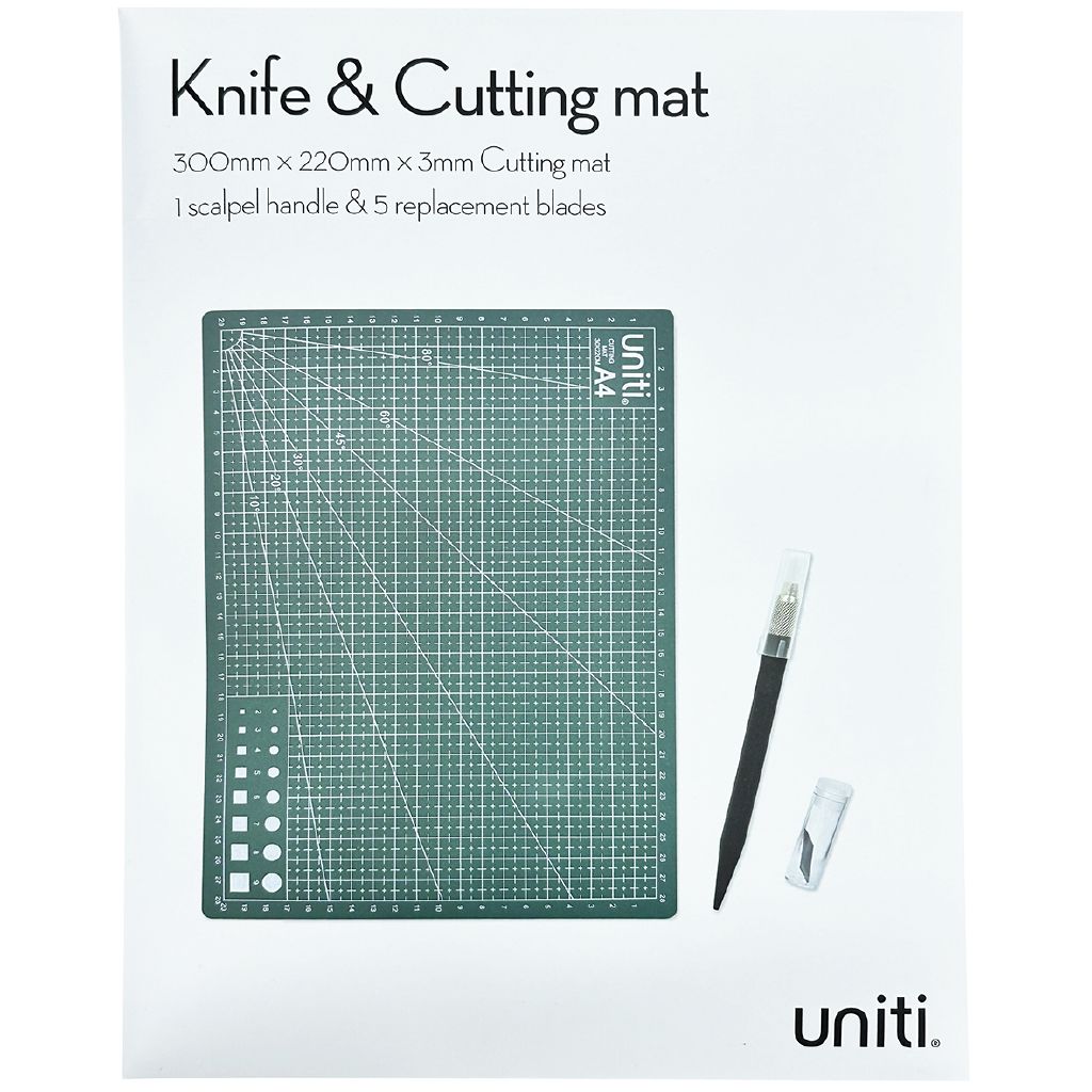 Uniti Knife & Cutting Mat Set 300mm x 220mm x 3mm Green A4 The Warehouse